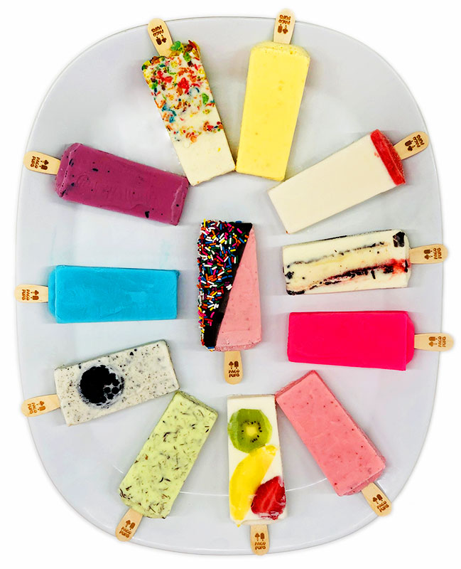 plate of paco pops popsicles different coloful flavors.